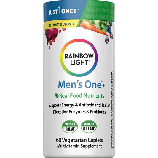 Rainbow Light Mens Multivitamin One + | 60 Caplets | Supports Energy & Antioxidant Health | with Real Food Nutrients, Digestive Enzymes & Probiotics - PrimeBioHealth - canada supplements