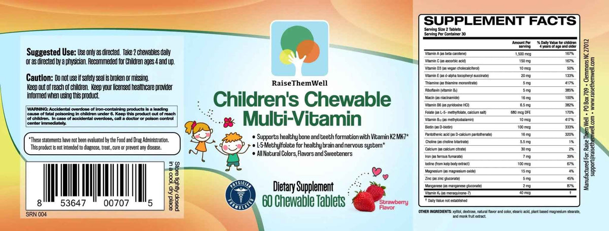 Raise Them Well Tasty Chewable Kids Multivitamin, All-Natural Colors, Flavors & Sweeteners, Daily Essential Vitamins for Children, Easy-to-Chew Vitamins, Strawberry