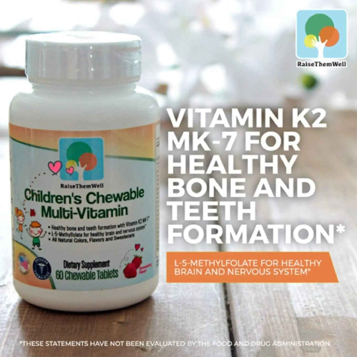 Raise Them Well Tasty Chewable Kids Multivitamin, All-Natural Colors, Flavors & Sweeteners, Daily Essential Vitamins for Children, Easy-to-Chew Vitamins, Strawberry