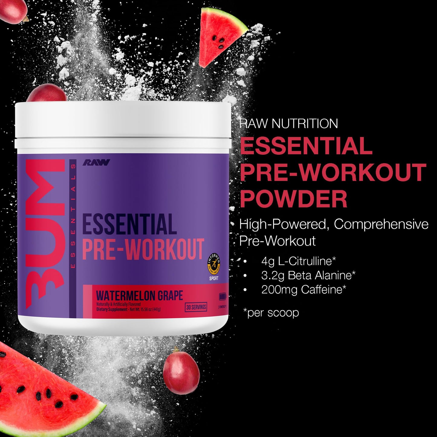 RAW Essential Pre-Workout Powder (Watermelon Grape) - Chris Bumstead Sports Nutrition Supplement for Men & Women - Preworkout Energy Powder with Caffeine, L-Citrulline, - PrimeBioHealth - canada supplements