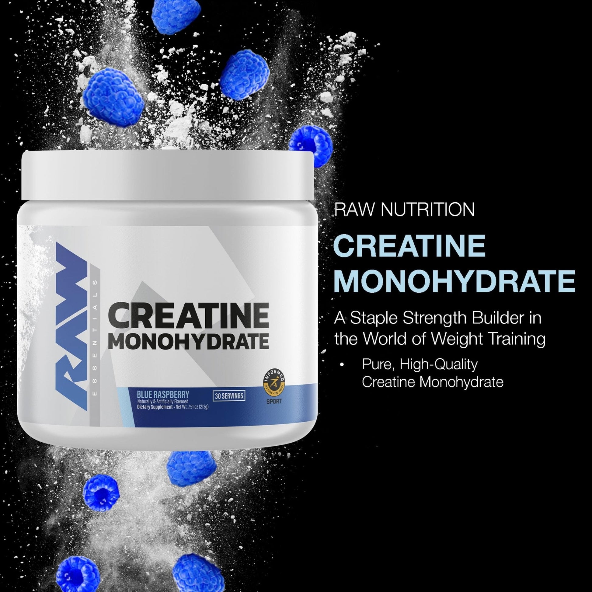 RAW Nutrition Creatine Monohydrate Powder, Blue Raspberry (30 Servings) - Micronized Creatine Monohydrate Supplement for Workout Performance, Build Muscle & Strength - PrimeBioHealth - canada supplements