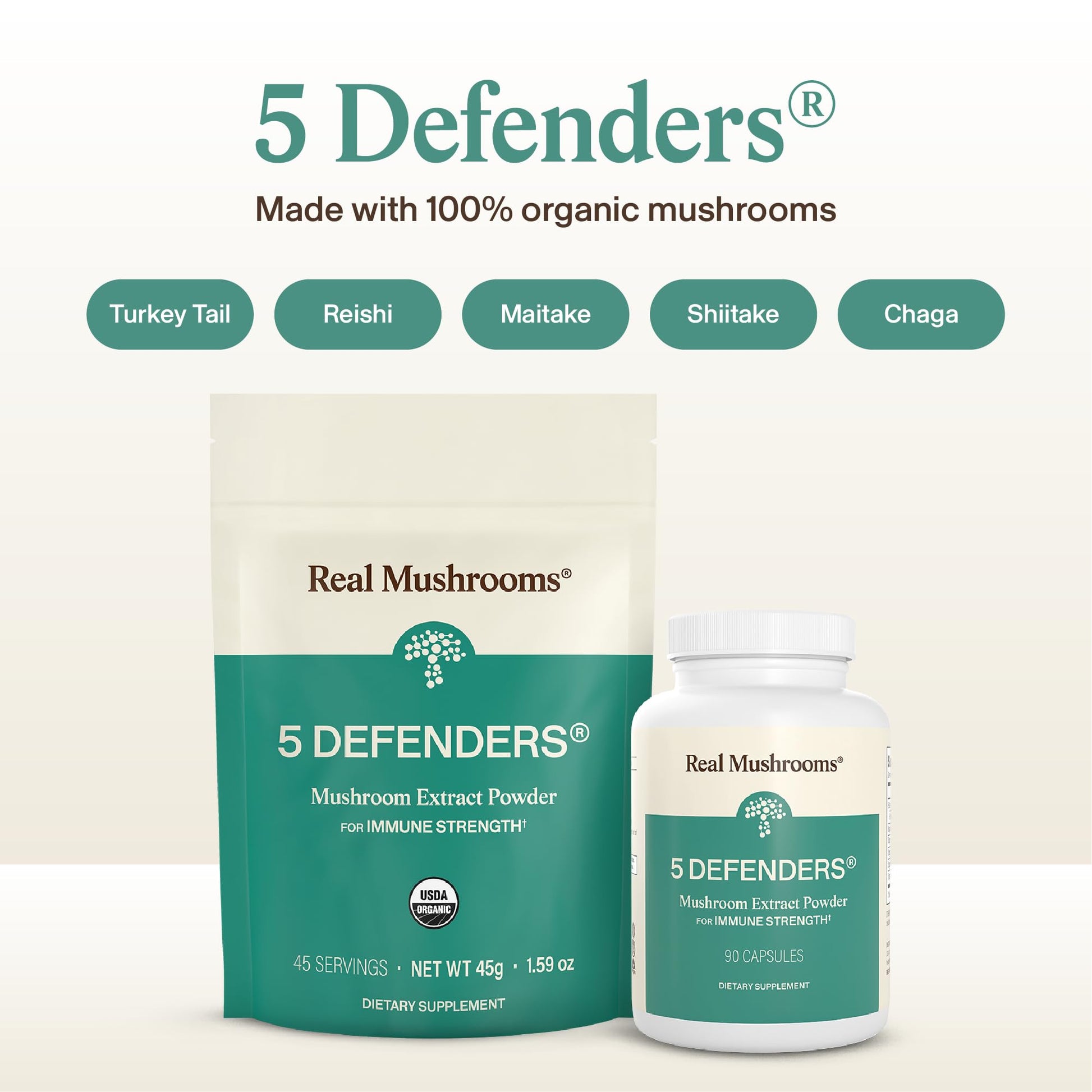 Real Mushrooms 5 Defenders - Adaptogenic Mushrooms Complex with Chaga, Reishi, Turkey Tail, Maitake & Shiitake for Wellness Support - PrimeBioHealth - canada supplements