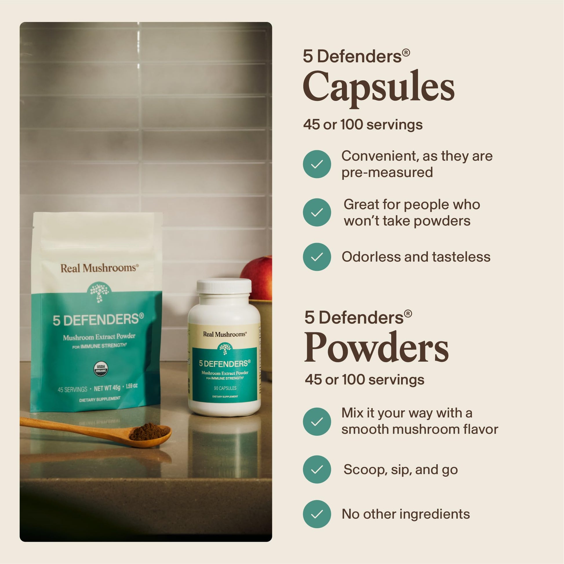 Real Mushrooms 5 Defenders - Adaptogenic Mushrooms Complex with Chaga, Reishi, Turkey Tail, Maitake & Shiitake for Wellness Support - PrimeBioHealth - canada supplements