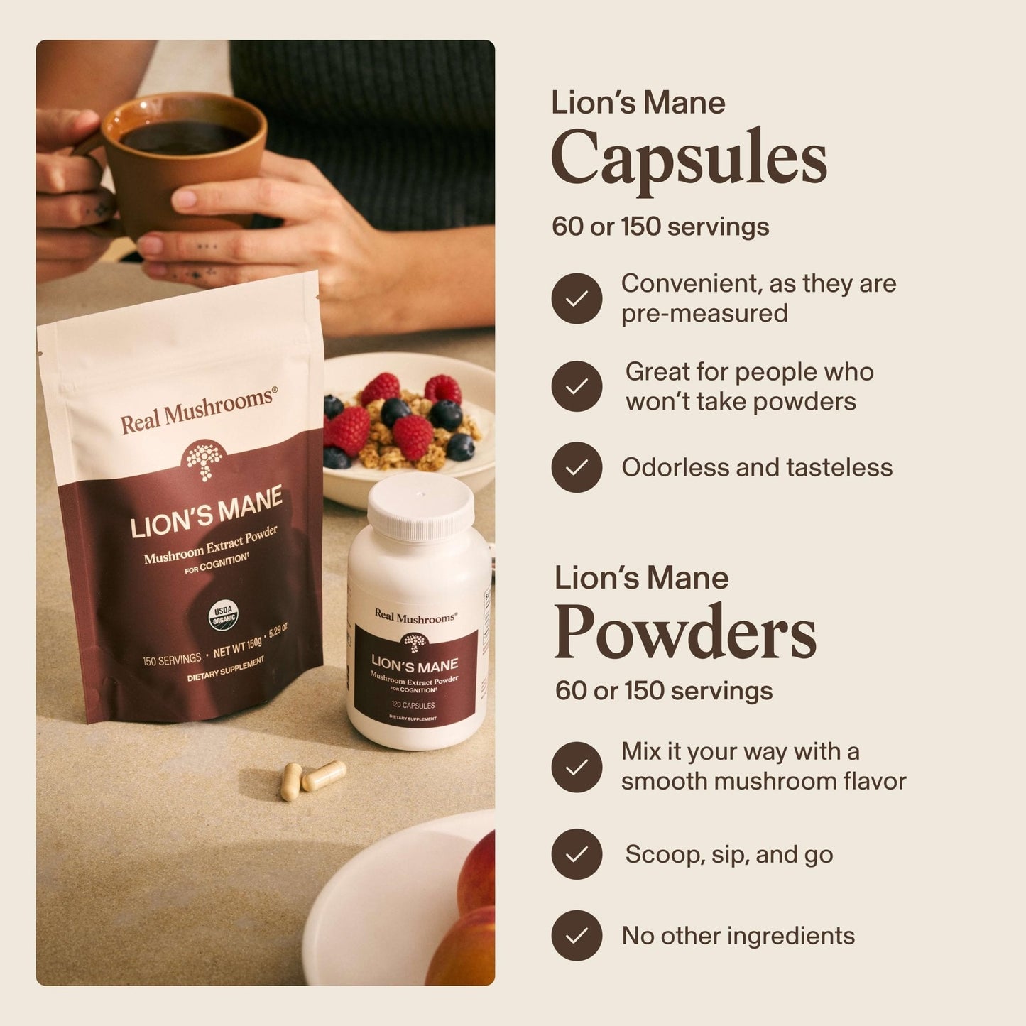 Real Mushrooms Lions Mane Mushroom Cognition (120 Capsules) Lions Mane Mushroom Powder Extract Capsules - PrimeBioHealth - canada supplements
