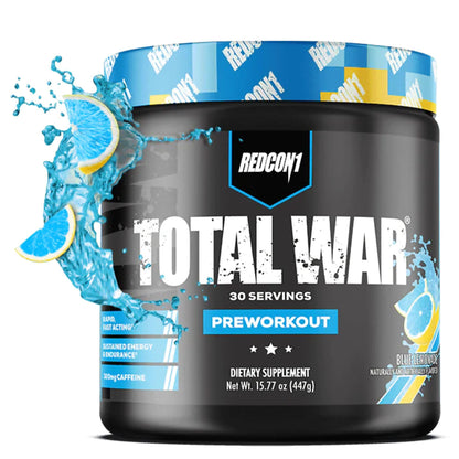 REDCON1 Total War Pre Workout - Beta Alanine + Citrulline Malate Keto Friendly Preworkout for Men & Women with 320mg of Caffeine - Fast Acting -Blue Lemonade (30 Servings) - PrimeBioHealth - canada supplements