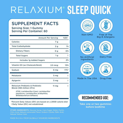 Relaxium SleepQuick Gummies - Sleep Aid + Gut Health & Immune Support, 5 mg Melatonin, Vitamin D-3 + Prebiotic & Probiotic Blend - PrimeBioHealth - canada supplements