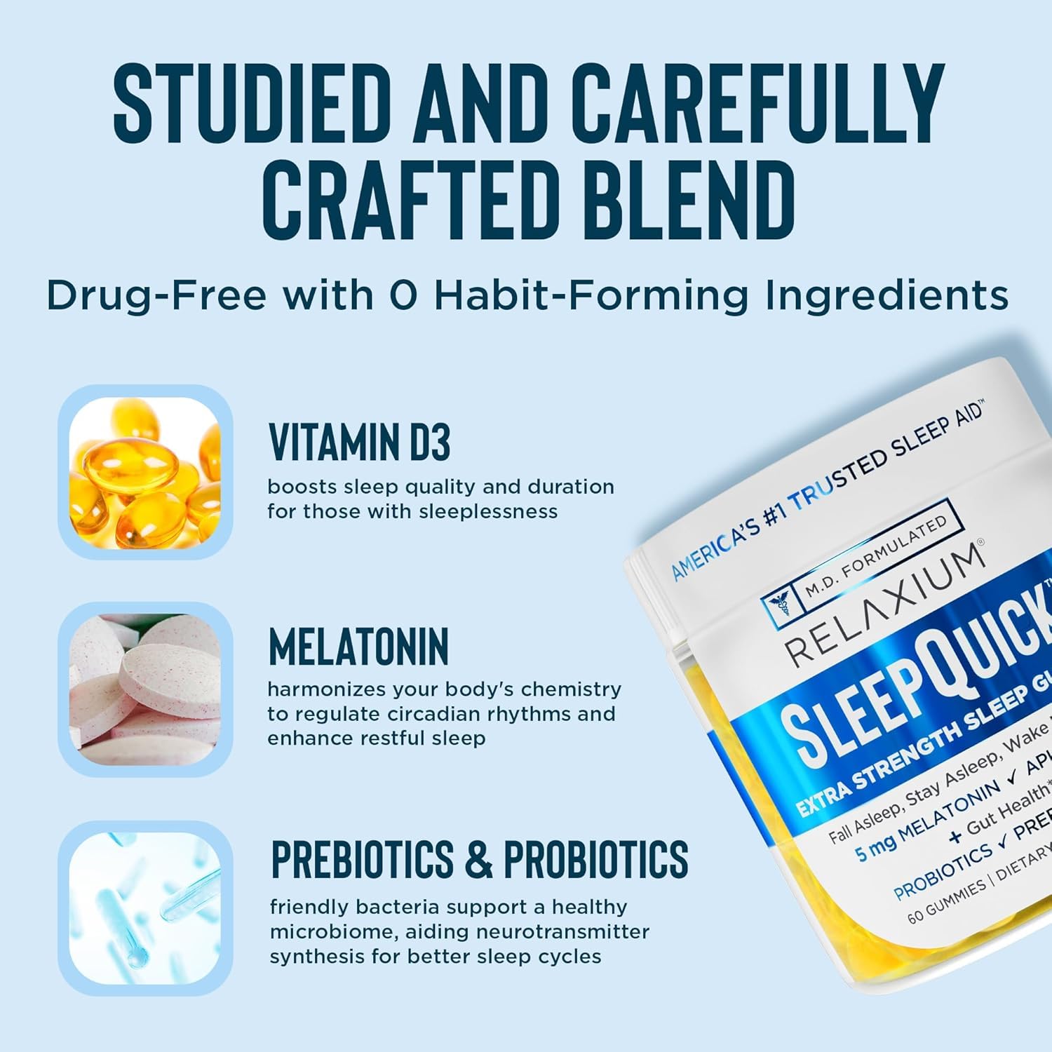 Relaxium SleepQuick Gummies - Sleep Aid + Gut Health & Immune Support, 5 mg Melatonin, Vitamin D-3 + Prebiotic & Probiotic Blend - PrimeBioHealth - canada supplements