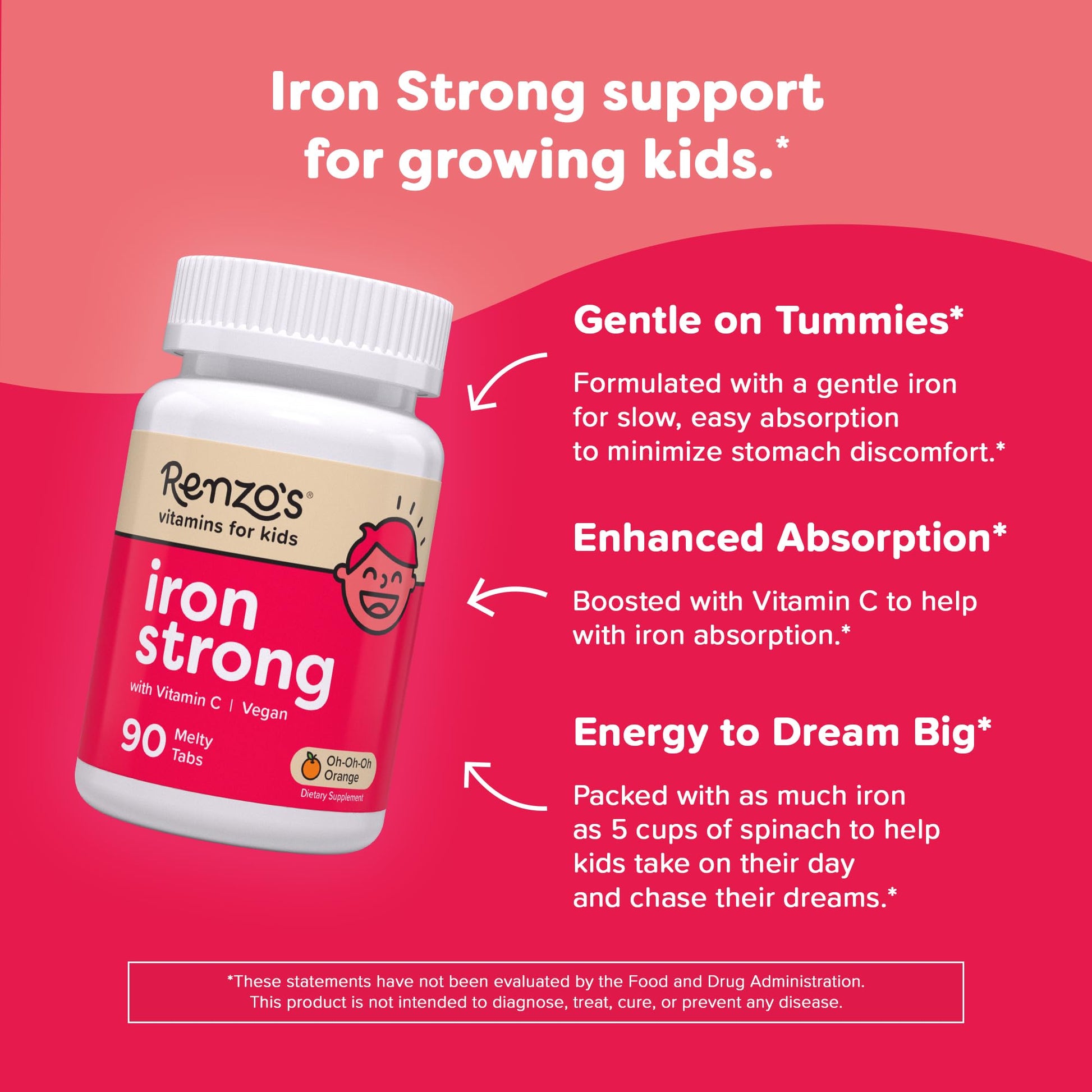 Renzo's Iron Supplements for Kids, Dissolvable Vegan Kids Iron Supplement with Vitamin C, Sugar-Free Melty Tabs - PrimeBioHealth - canada supplements