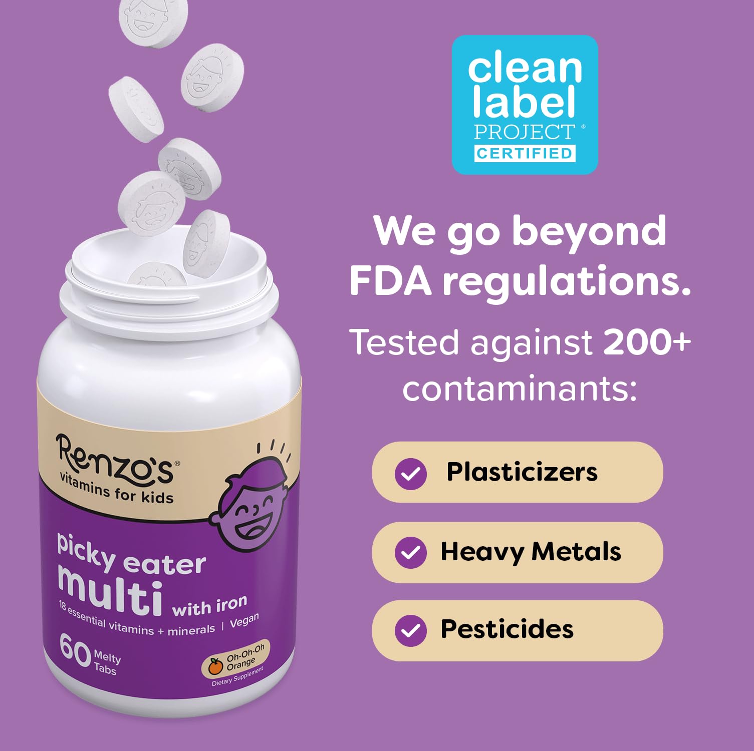 Renzo's Picky Eater Kids Multivitamin with Iron - Dissolvable Kids Vitamins with Iron, Zinc, Vitamin C, Vitamin D, E & K, Sugar-Free Melty Tabs, Cherry Flavor - PrimeBioHealth - canada supplements