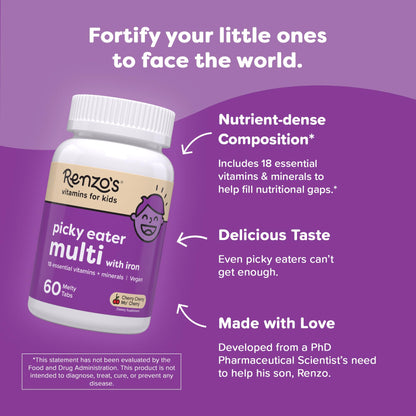 Renzo's Picky Eater Kids Multivitamin with Iron - Dissolvable Kids Vitamins with Iron, Zinc, Vitamin C, Vitamin D, E & K, Sugar-Free Melty Tabs, Cherry Flavor - PrimeBioHealth - canada supplements