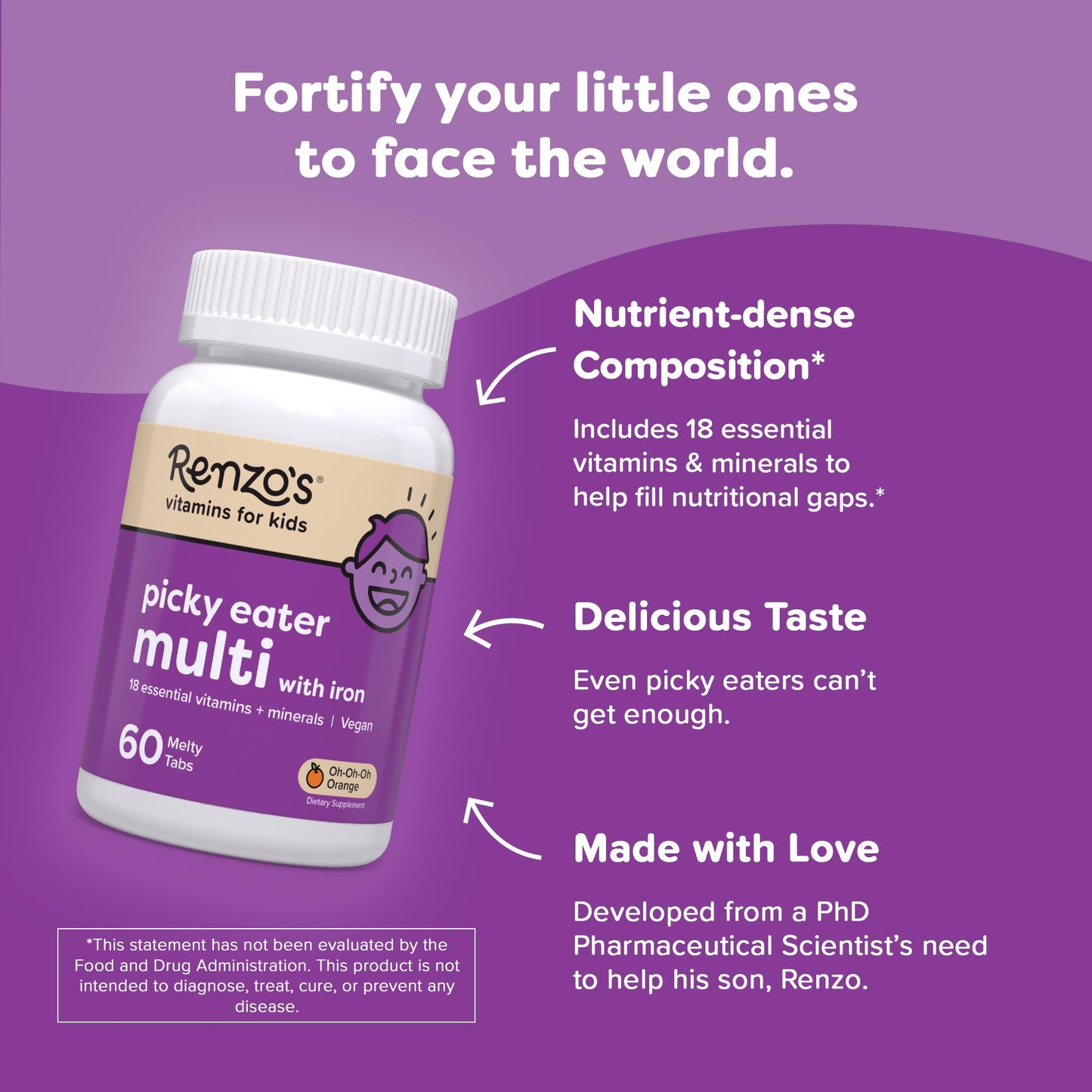 Renzo's Picky Eater Kids Multivitamin with Iron - Dissolvable Kids Vitamins with Iron, Zinc, Vitamin C, Vitamin D, E & K, Sugar-Free Melty Tabs, Orange Flavor - PrimeBioHealth - canada supplements