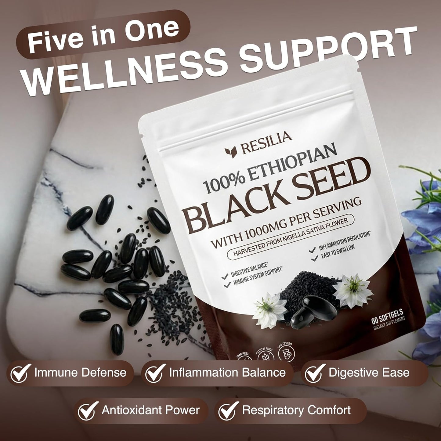 Resilia Ethiopian Black Seed Softgels 1000mg Per Serving – Premium Nigella Sativa Seed Oil Supplement – Digestive & Immune Support Formula – Easy to Swallow Soft Capsules 120 Count (Pack 2) - PrimeBioHealth - canada supplements