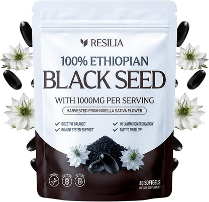 Resilia Ethiopian Black Seed Softgels 1000mg Per Serving – Premium Nigella Sativa Seed Oil Supplement – Digestive & Immune Support Formula – Easy to Swallow Soft Capsules (60 Count) - PrimeBioHealth - canada supplements