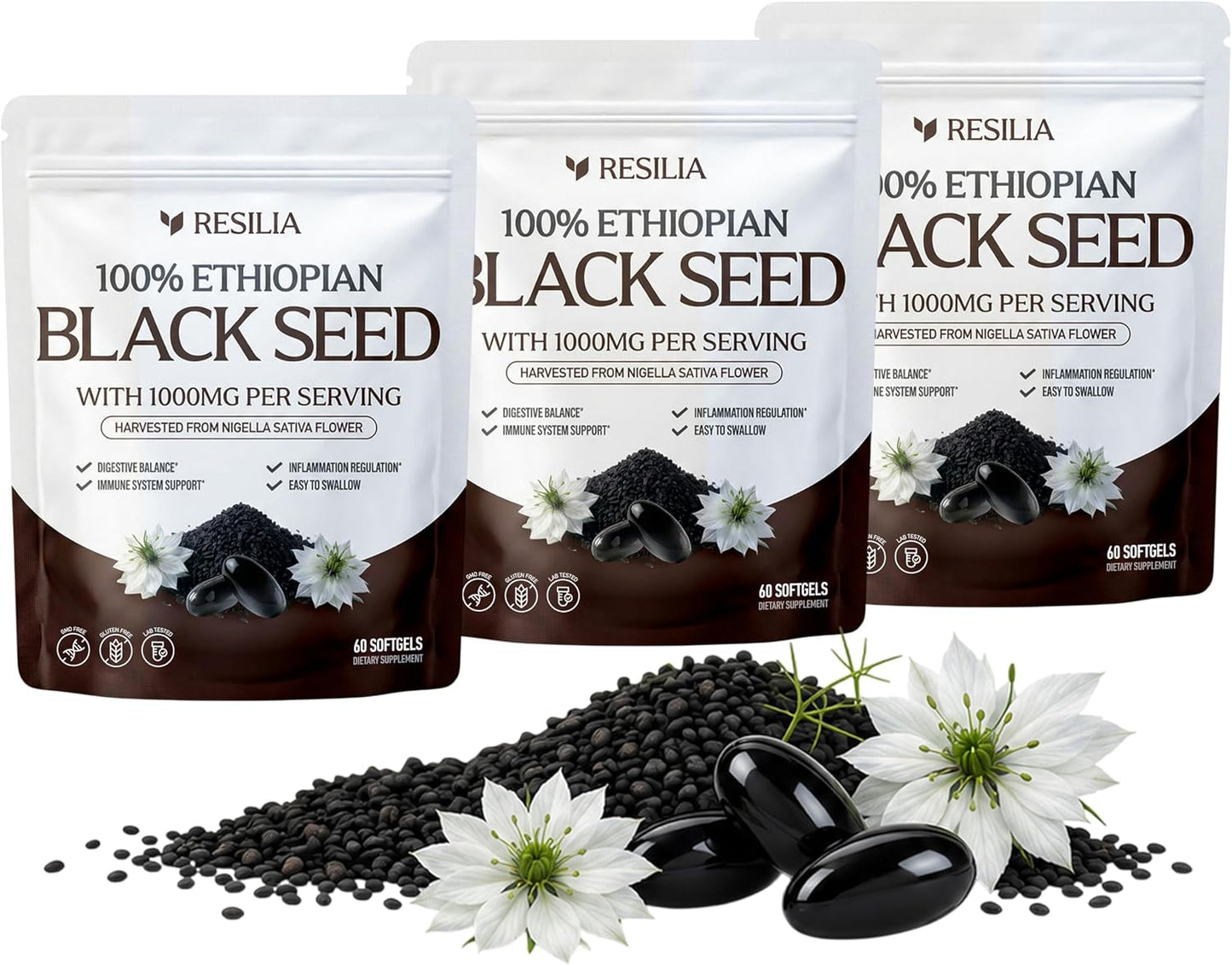 Resilia Ethiopian Black Seed Softgels 1000mg Per Serving – Premium Nigella Sativa Seed Oil Supplement – Digestive & Immune Support Formula – Easy to Swallow Soft Capsules 180 Count (Pack 3) - PrimeBioHealth - canada supplements