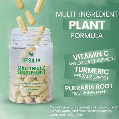 Resilia Milk Thistle Silymarin – 300 mg Supplement with Vitamin C, Inositol, Pueraria Root & Turmeric Extract, High-Absorption Antioxidant-Focused Plant Formula, 30 Vegetarian Capsules - PrimeBioHealth - canada supplements
