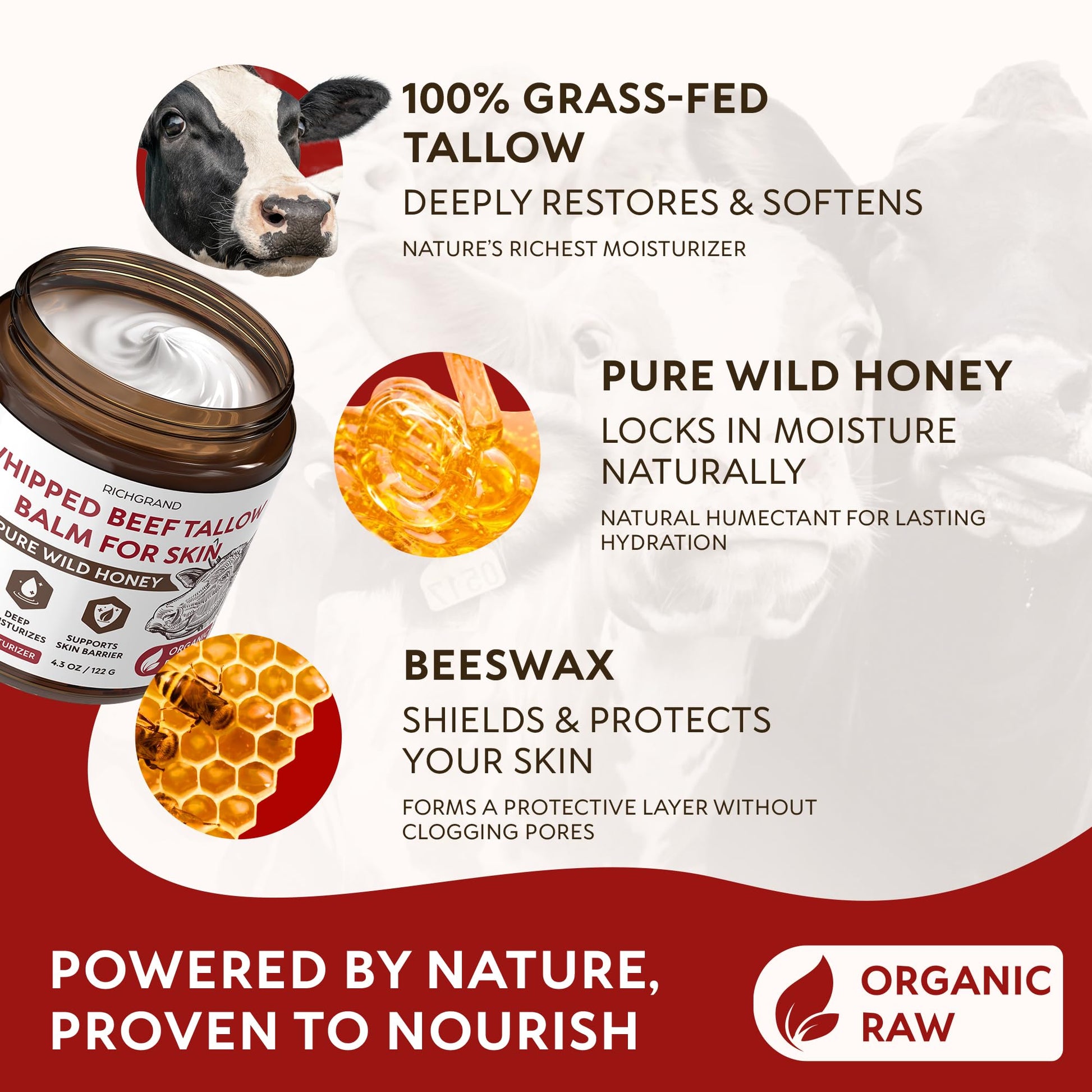 RICHGRAND Beef Tallow for Skin - Whipped Tallow and Honey Balm - Grass Fed Beef Tallow for Face, Daily Moisturizer & Body Butter - PrimeBioHealth - canada supplements