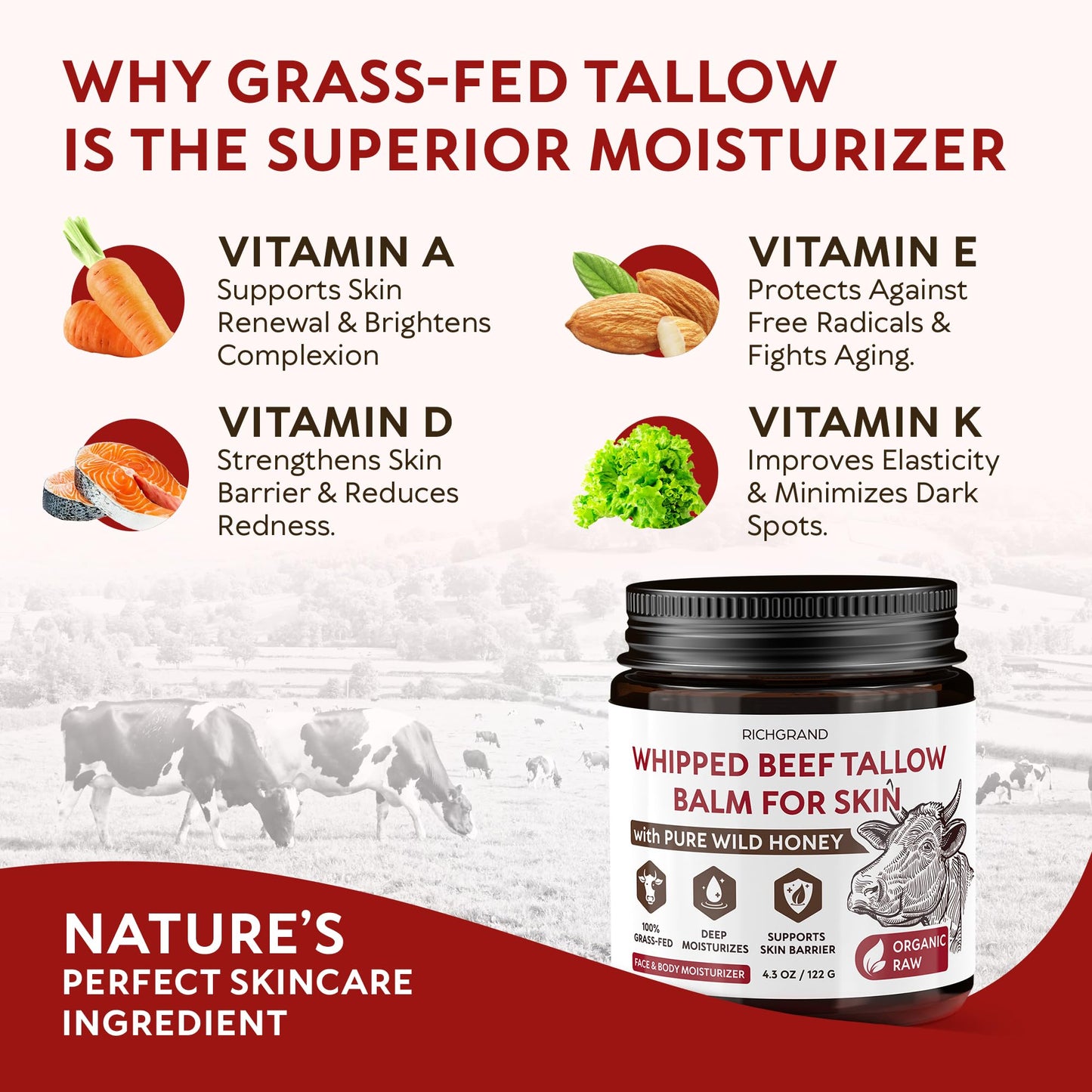 RICHGRAND Beef Tallow for Skin - Whipped Tallow and Honey Balm - Grass Fed Beef Tallow for Face, Daily Moisturizer & Body Butter - PrimeBioHealth - canada supplements