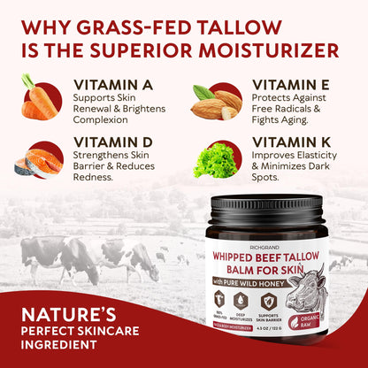 RICHGRAND Beef Tallow for Skin - Whipped Tallow and Honey Balm - Grass Fed Beef Tallow for Face, Daily Moisturizer & Body Butter - PrimeBioHealth - canada supplements