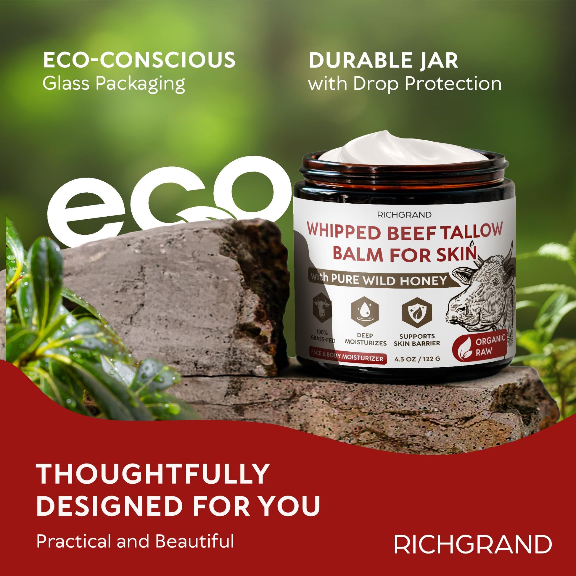 RICHGRAND Beef Tallow for Skin - Whipped Tallow and Honey Balm - Grass Fed Beef Tallow for Face, Daily Moisturizer & Body Butter - PrimeBioHealth - canada supplements