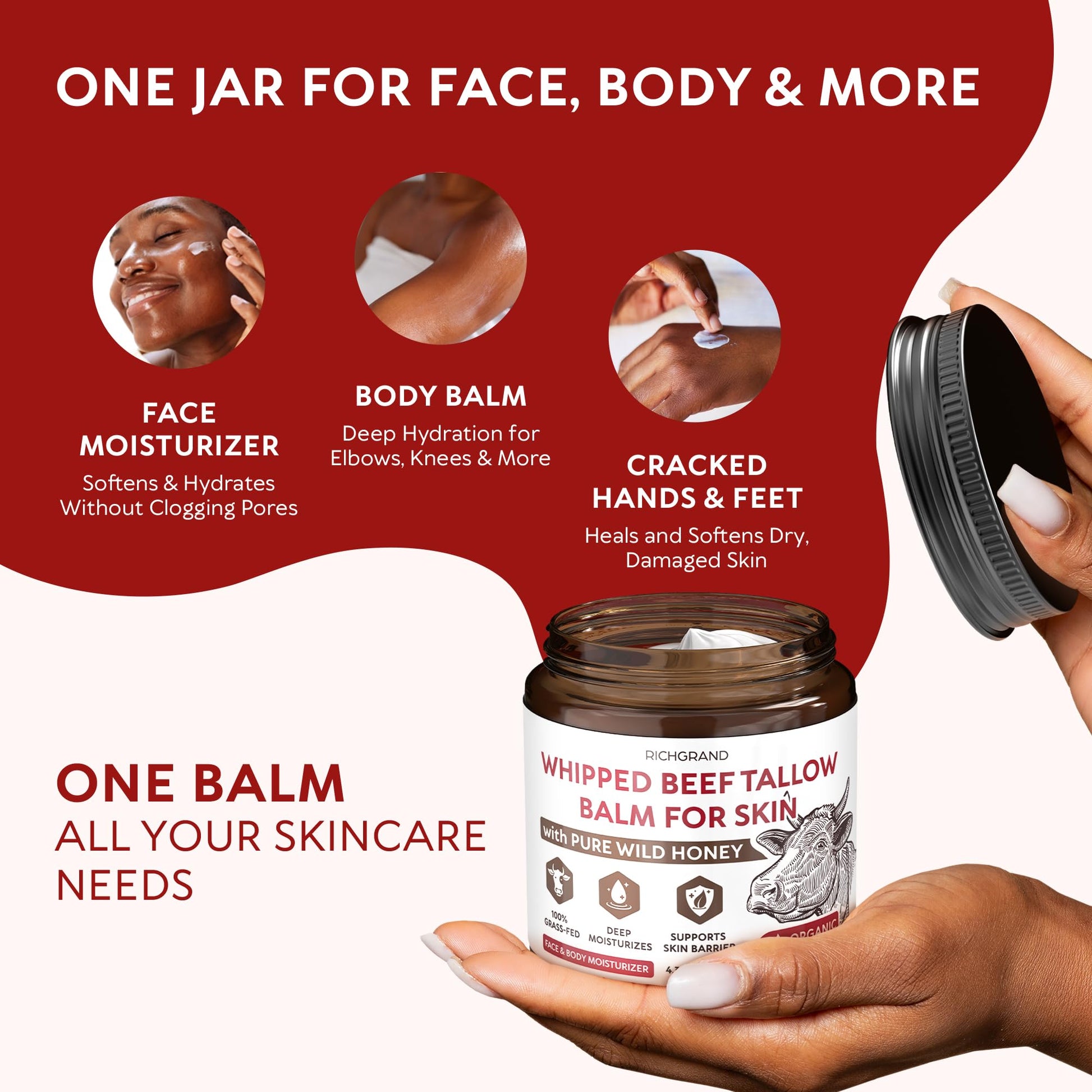 RICHGRAND Beef Tallow for Skin - Whipped Tallow and Honey Balm - Grass Fed Beef Tallow for Face, Daily Moisturizer & Body Butter - PrimeBioHealth - canada supplements