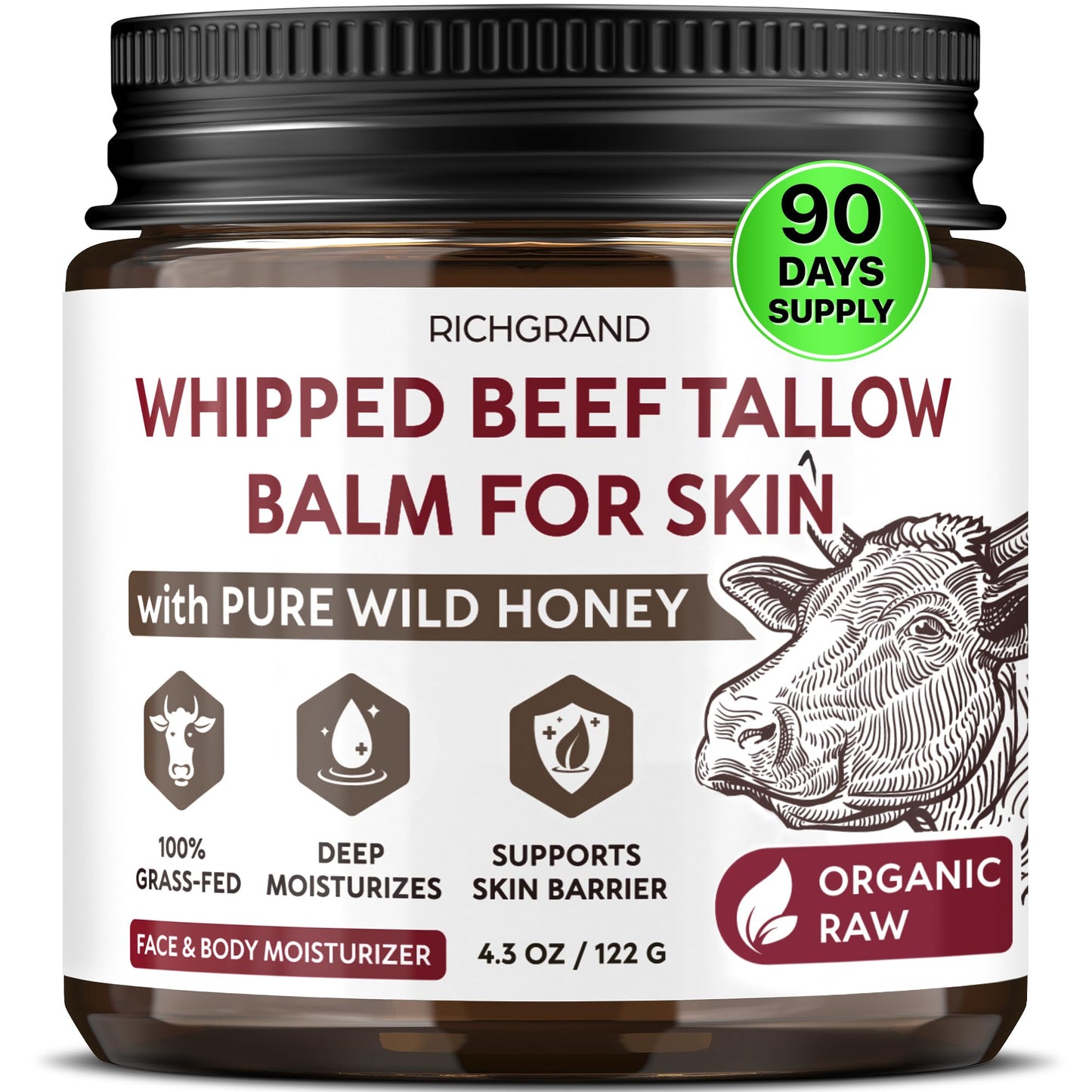 RICHGRAND Beef Tallow for Skin - Whipped Tallow and Honey Balm - Grass Fed Beef Tallow for Face, Daily Moisturizer & Body Butter - PrimeBioHealth - canada supplements