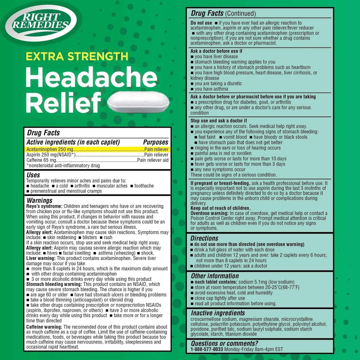 RIGHT REMEDIES Extra Strength Headache Relief with Acetaminophen, Aspirin (NSAID) & Caffeine, (300 caplets), Back & Body Pain Relief, Compare to The Active Ingredients in Excedrin® Extra Strength