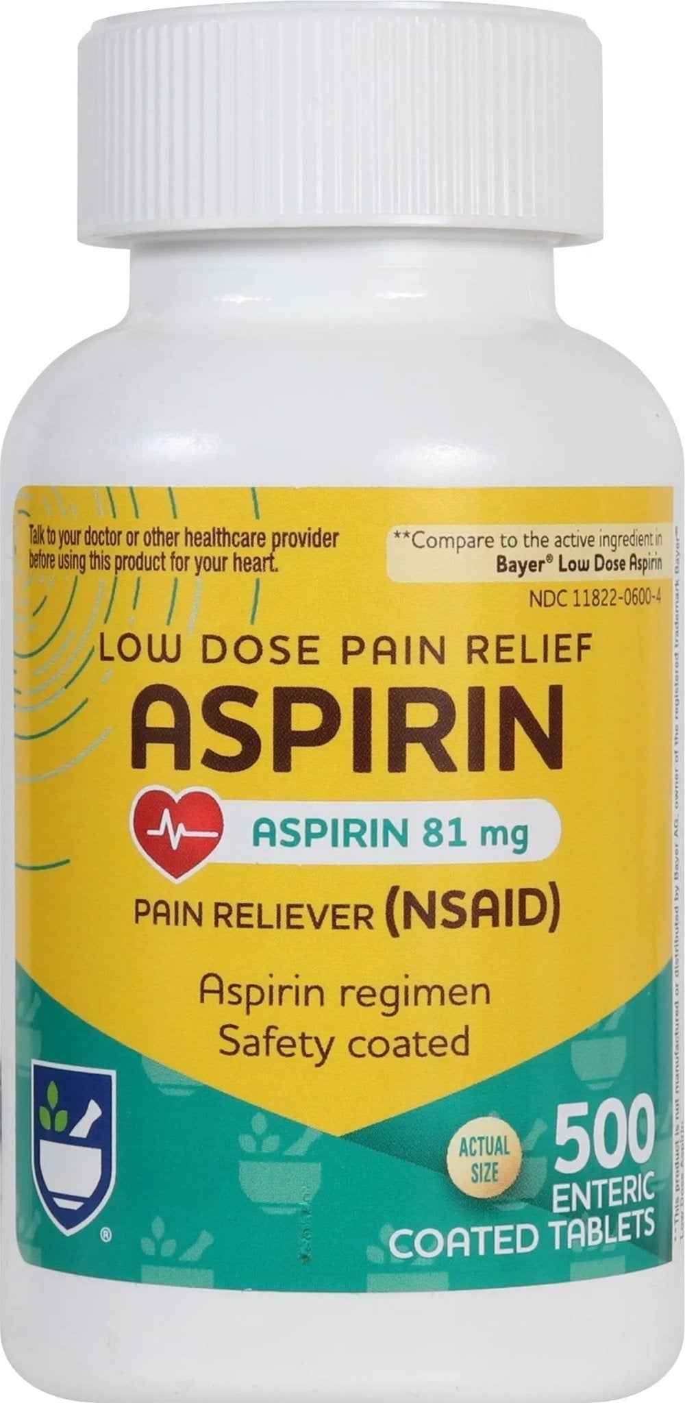 Rite Aid Aspirin Enteric Tablets - 81 mg Aspirin - 500 Count - Low-Dose for Headache Relief - Safety Coated - Aspirin Regimen - Migraine Medicine - Pain Relief