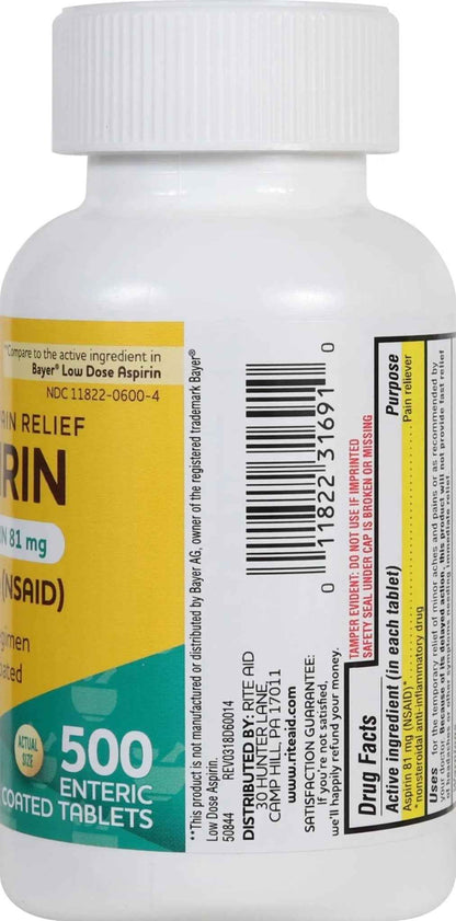 Rite Aid Aspirin Enteric Tablets - 81 mg Aspirin - 500 Count - Low-Dose for Headache Relief - Safety Coated - Aspirin Regimen - Migraine Medicine - Pain Relief