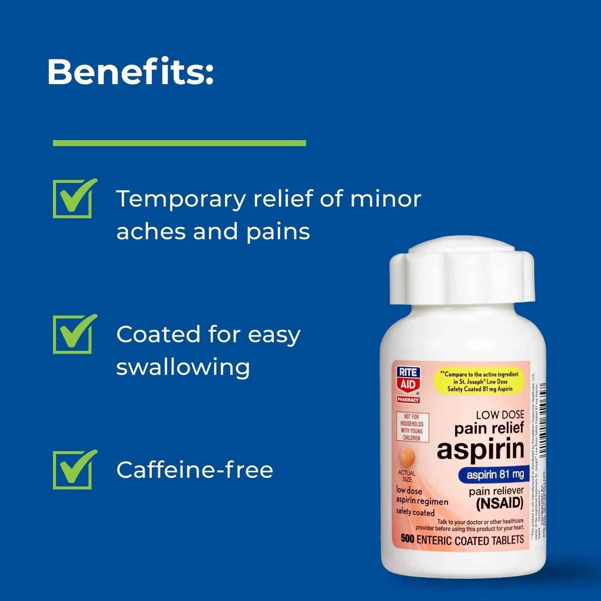 Rite Aid Aspirin Enteric Tablets - 81 mg Aspirin - 500 Count - Low-Dose for Headache Relief - Safety Coated - Aspirin Regimen - Migraine Medicine - Pain Relief