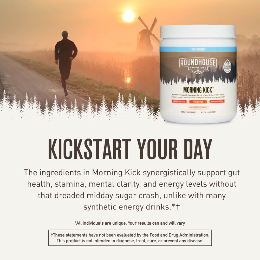 ROUNDHOUSE PROVISION Morning Kick, Zero Sugar Greens Superfood Powder Supplement with Ashwagandha, Collagen, Probiotics, Debloat Drink - PrimeBioHealth - canada supplements
