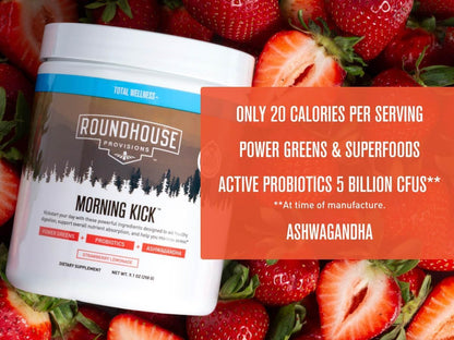 ROUNDHOUSE PROVISION Morning Kick, Zero Sugar Greens Superfood Powder Supplement with Ashwagandha, Collagen, Probiotics, Debloat Drink - PrimeBioHealth - canada supplements