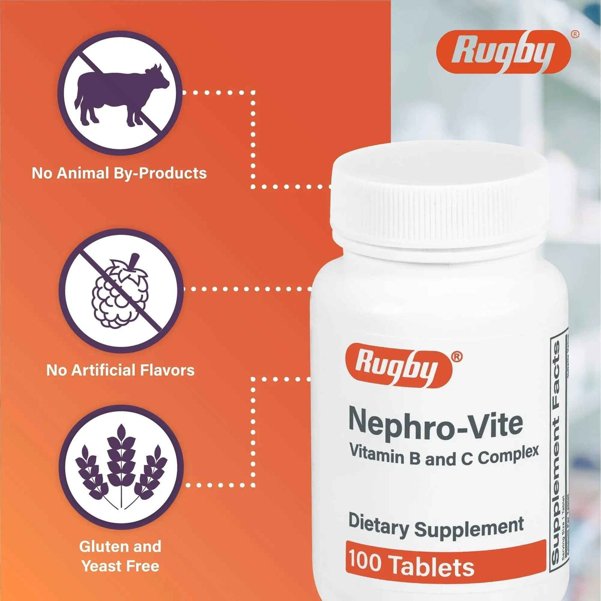 Rugby Nephro-Vite Vitamin B and C Complex Tablets - Dietary Supplement - 100 Count (1 Pack)