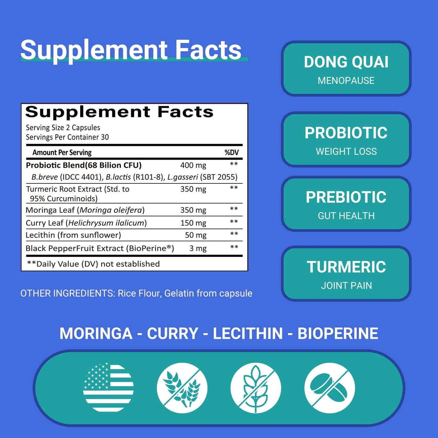 Ruolai ProBalance Probiotics for Women 68B CFU – Menopause, Bloat & Belly Support – Turmeric & Moringa - PrimeBioHealth - canada supplements