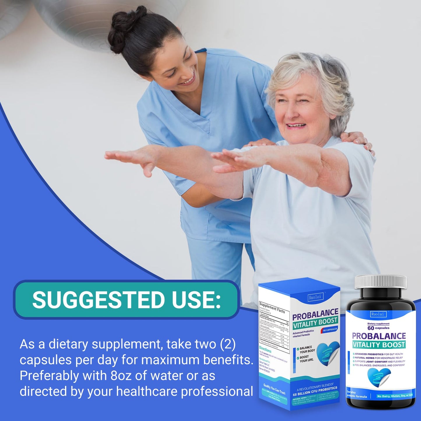 Ruolai ProBalance Probiotics for Women 68B CFU – Menopause, Bloat & Belly Support – Turmeric & Moringa - PrimeBioHealth - canada supplements