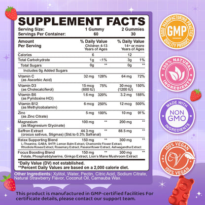 Saffron Gummies for Kids & Adults, 20-in-1 Saffron Supplements with 88.5mg Saffron Extract, B6, B12, C, D3, Magnesium for Calm, Focus, Nerve, Sugar Free, Vegan - PrimeBioHealth - canada supplements