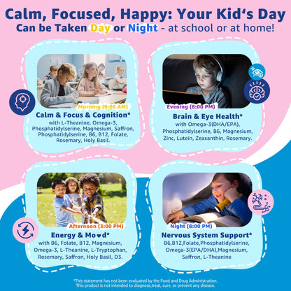 Saffron +Magnesium Glycinate +Omega-3 - Calm Focus Gummies for Kids 4+, Saffron Extract Supplement with L-Theanine, Holy Basil, Rosemary, B6, D3 for Happy Mood, Cognition, Nerve, Sugar Free, 2 Pack - PrimeBioHealth - canada supplements
