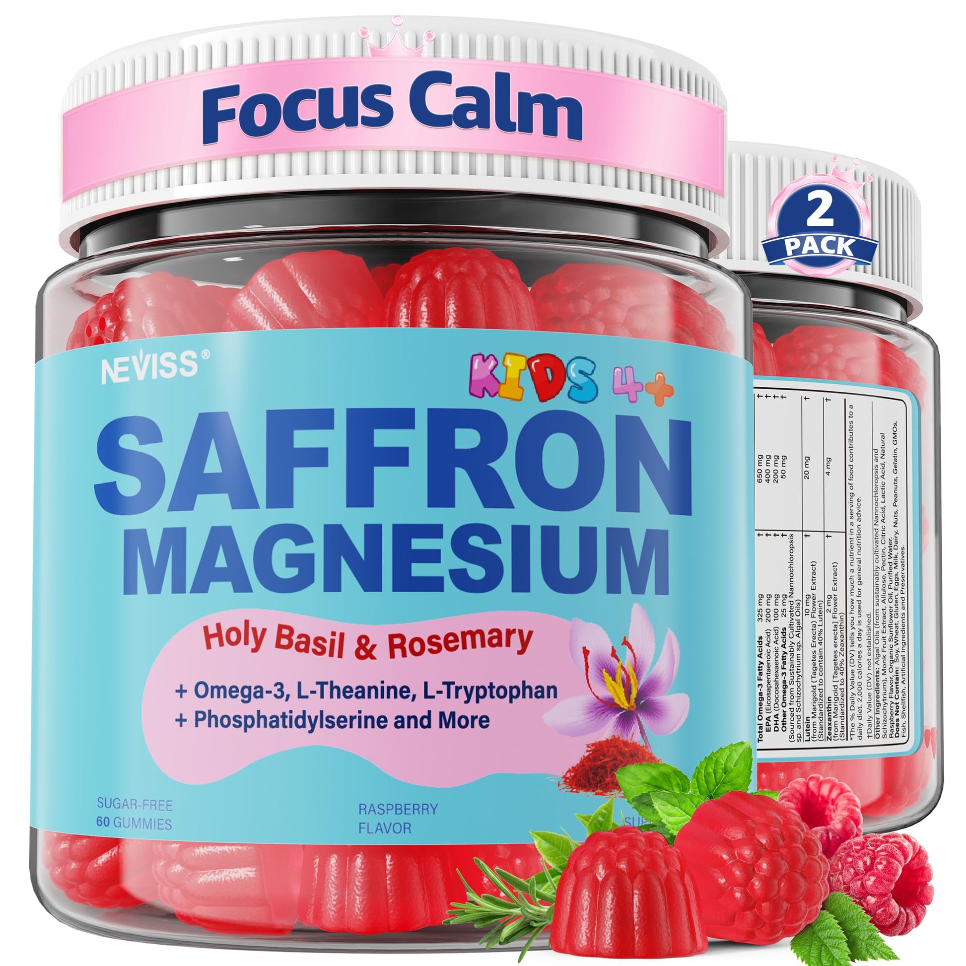 Saffron +Magnesium Glycinate +Omega-3 - Calm Focus Gummies for Kids 4+, Saffron Extract Supplement with L-Theanine, Holy Basil, Rosemary, B6, D3 for Happy Mood, Cognition, Nerve, Sugar Free, 2 Pack - PrimeBioHealth - canada supplements