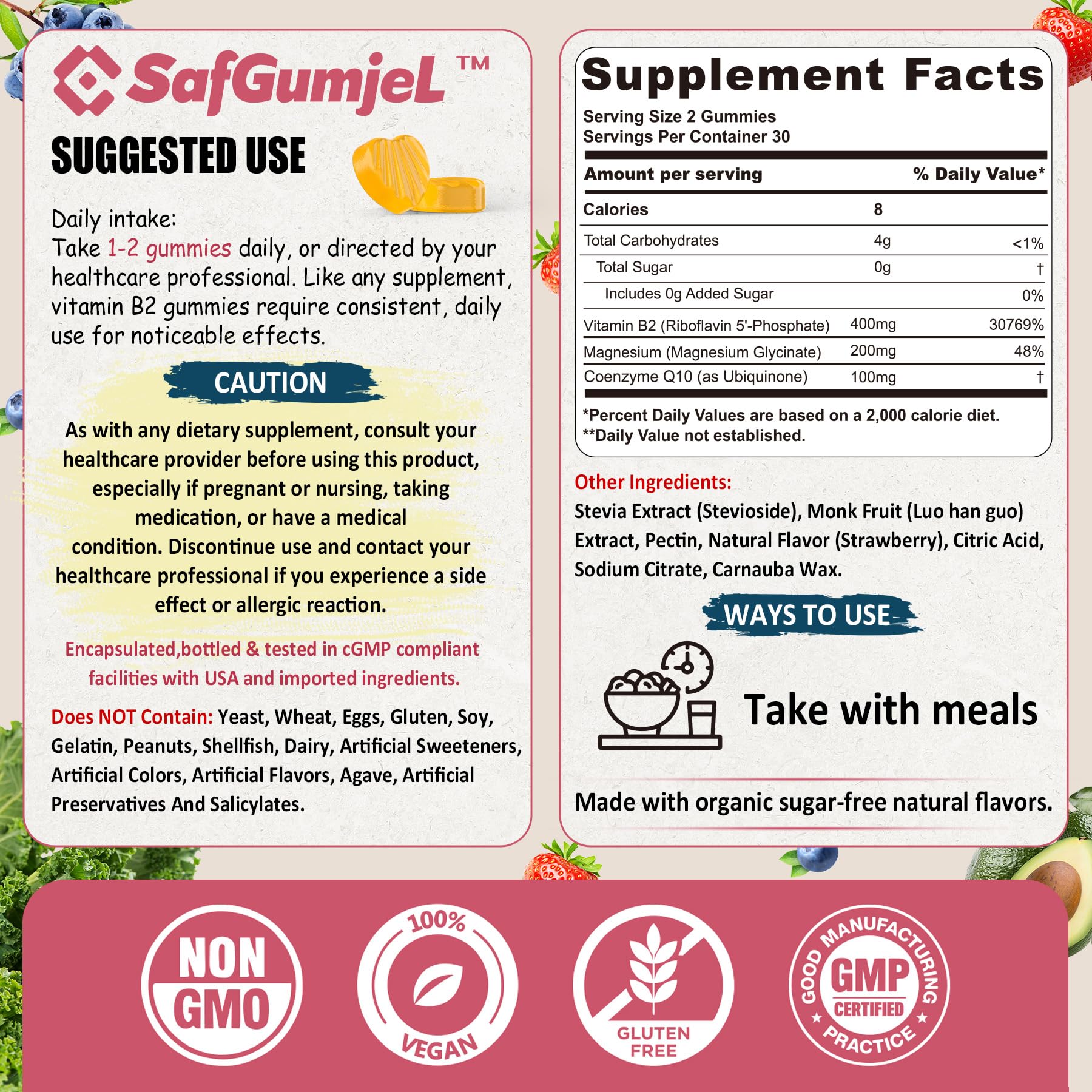 Safgumjel Vitamin B2 Gummies | Riboflavin 400mg with Magnesium & CoQ10 for Migraine Relief & Headache Relief | Sugar Free, Vegan, Strawberry Flavor, 60 Count - PrimeBioHealth - canada supplements