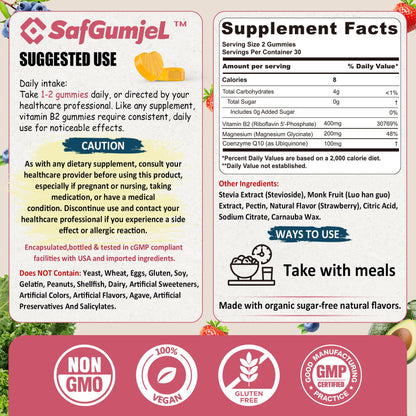 Safgumjel Vitamin B2 Gummies | Riboflavin 400mg with Magnesium & CoQ10 for Migraine Relief & Headache Relief | Sugar Free, Vegan, Strawberry Flavor, 60 Count - PrimeBioHealth - canada supplements