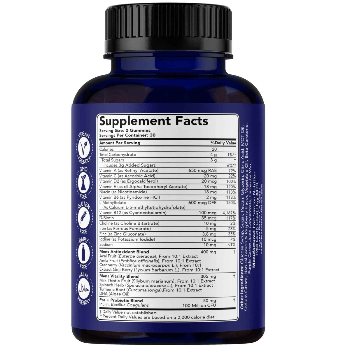 Sakoon nutrition Men's Multivitamin Gummies with Probiotics and Prebiotics, Adult Multivitamin A, C, D, E, B & More