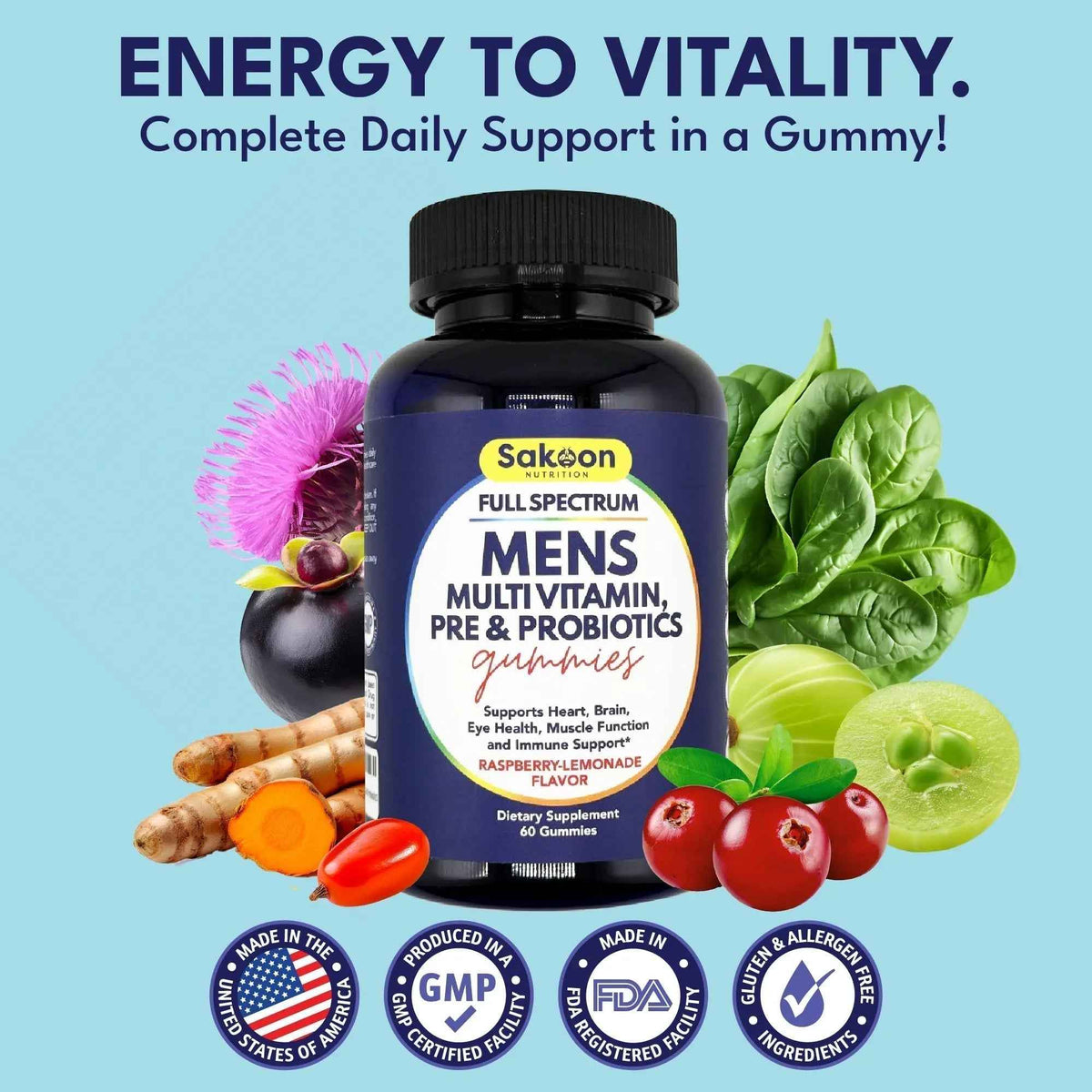 Sakoon nutrition Men's Multivitamin Gummies with Probiotics and Prebiotics, Adult Multivitamin A, C, D, E, B & More