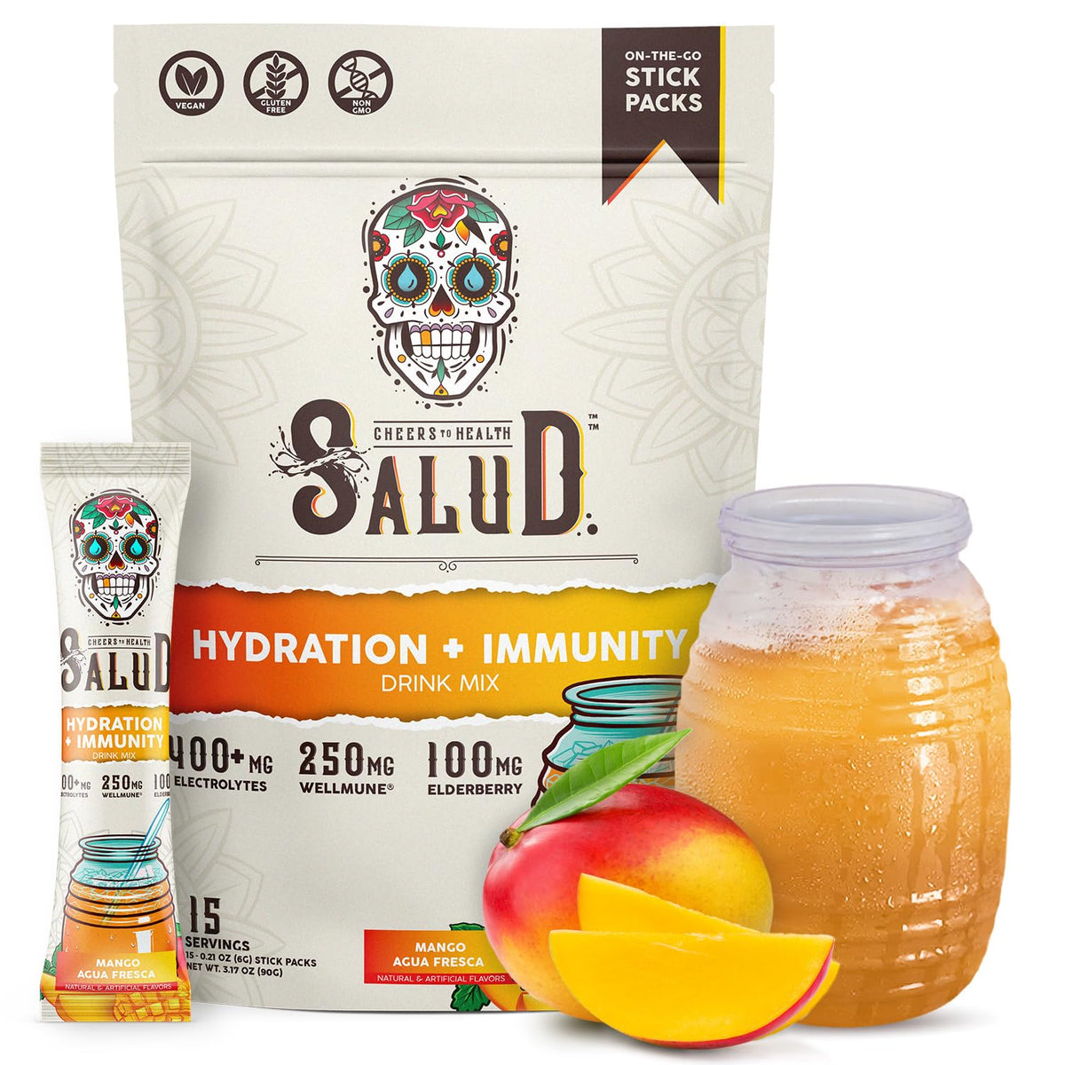Salud 2-in-1 Hydration Packets + Immunity Electrolytes Powder, Mango - Agua Fresca Drink Mix, Elderberry, Dairy & Soy Free, Non-GMO, Gluten Free, - PrimeBioHealth - canada supplements