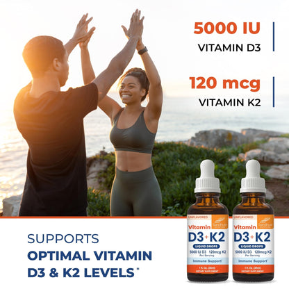 Sandhu's Vitamin D3 K2 Drops for Adults | 5000 IU D3 Liquid, 120mcg K2 Supplement 1 Fl Oz (Pack of 2) | D3K2 Supports Superior Absorption - PrimeBioHealth - canada supplements