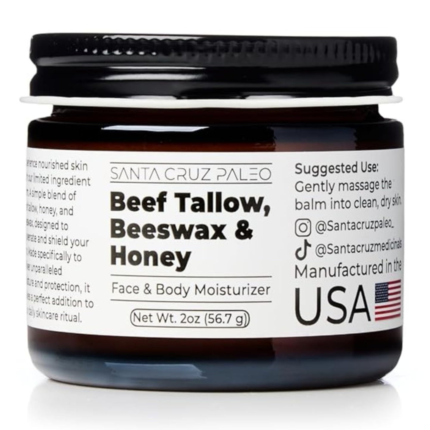 Santa Cruz Paleo, Beef Tallow, Beeswax & Honey Face Moisturizer, Organic, Unscented Grassfed Beef Tallow Skin Care, Sunscreen Free - PrimeBioHealth - canada supplements