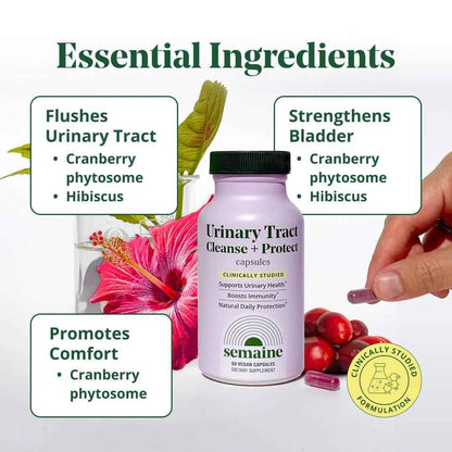 Semaine Urinary Tract Cleanse & Protect – 60 ct, Bladder Support Supplement for Women, Flushes Urinary Tract. Combines Cranberry Proanthocyanidins with Hibiscus