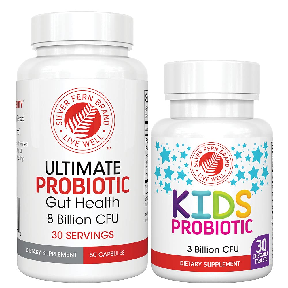 Silver Fern Brand Family Probiotics - Ultimate Adult Probiotic (1 Bottle = 60 Capsules) Plus Ultimate Children's Probiotic for Kids (1 Bottle = 30 Chewables) - Gut Health & Microbiome Support - PrimeBioHealth - canada supplements