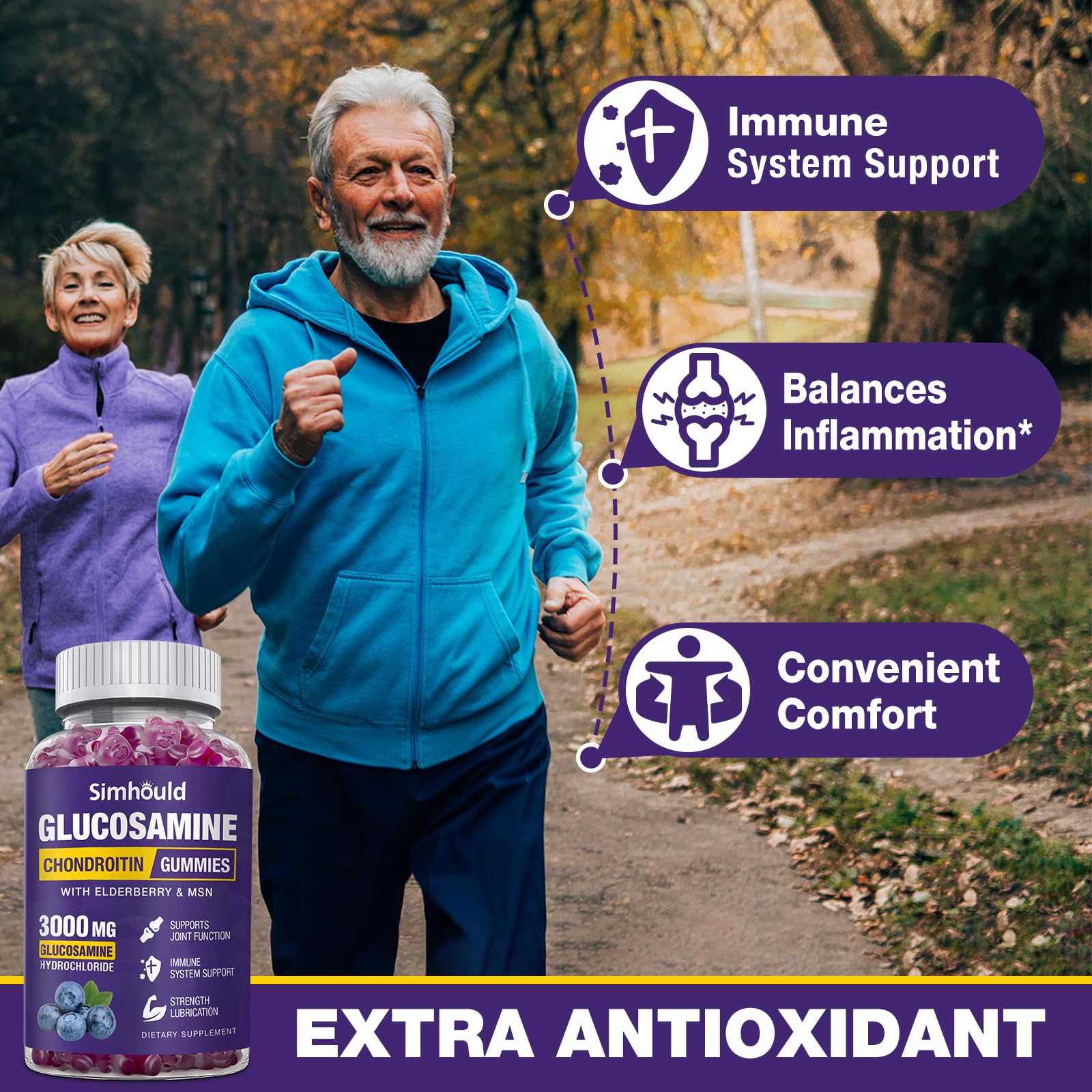 Simhould 2 Packs Glucosamine Chondroitin Gummies - 3000MG Extra Strength Joint Support Supplement with MSM & Elderberry, Flexibility, Antioxidant Immune Support - PrimeBioHealth - canada supplements