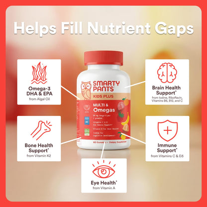 SmartyPants Kids Multivitamin Gummies with Omega 3 DHA/EPA, Vitamins D3, C, B12, B6, A, K, and Zinc, Gluten Free - PrimeBioHealth - canada supplements