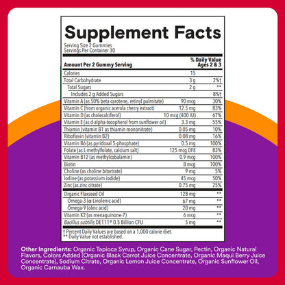 SmartyPants Organic Toddler Multivitamin Gummies: Probiotics, Omega 3 (ALA), Vitamin D3, C, Vitamin B12, B6, A, K & Zinc, Beta Carotene, Gluten Free - PrimeBioHealth - canada supplements