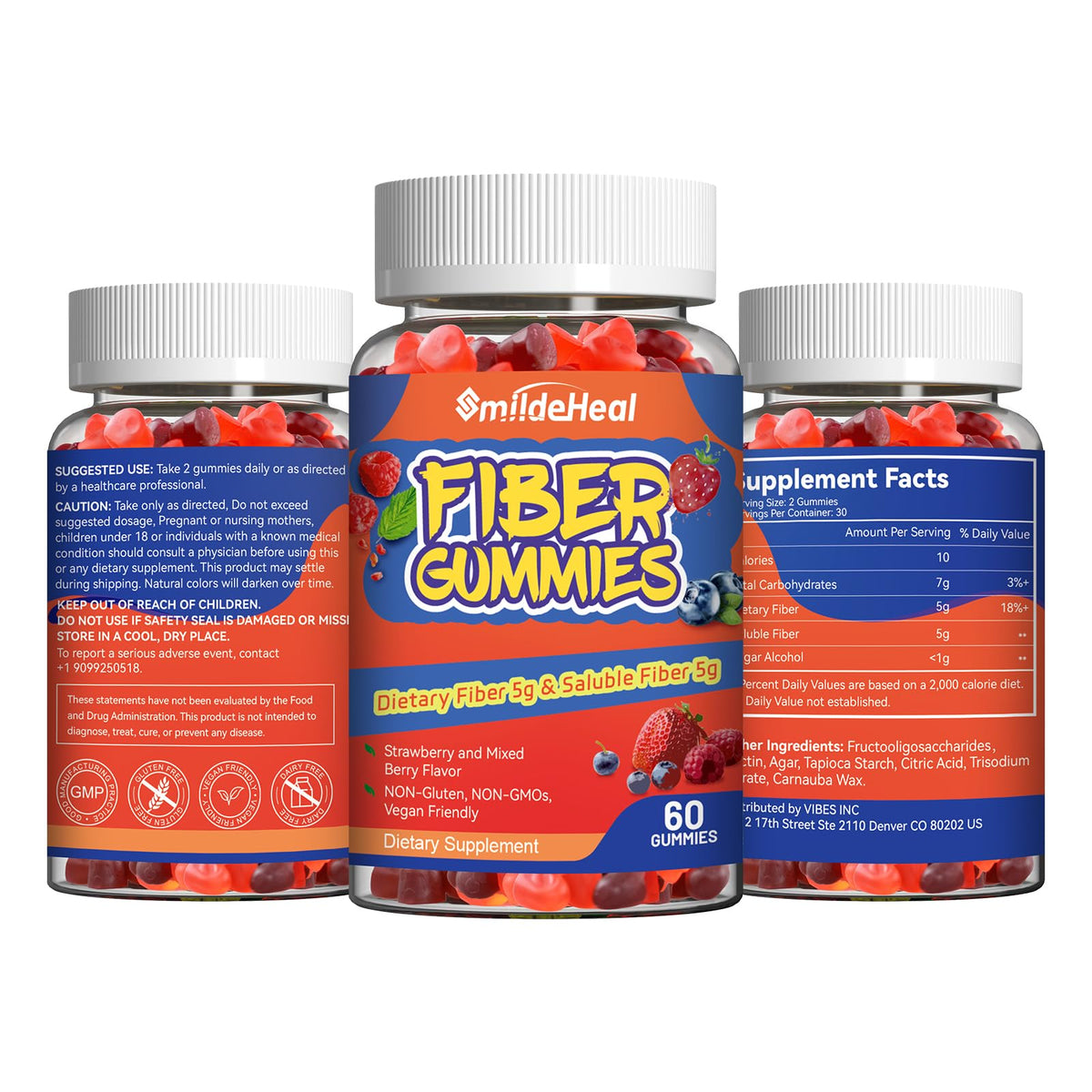 SmildeHeal Fiber Gummies, Dietary Fiber, for Women and Men, Gut Health Support, Non-GMOs, Non-Gluten, Vegan, Mixed Berry and Strawberry Flavor, 60 Count Gummies - PrimeBioHealth - canada supplements